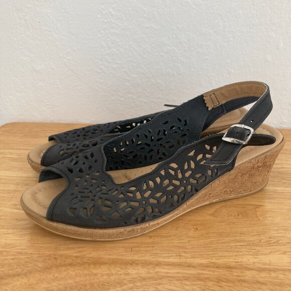 Spring Step Leather Slingback Sandals Navy Blue Lightweight Wedge Heels US 9 - Picture 3 of 11